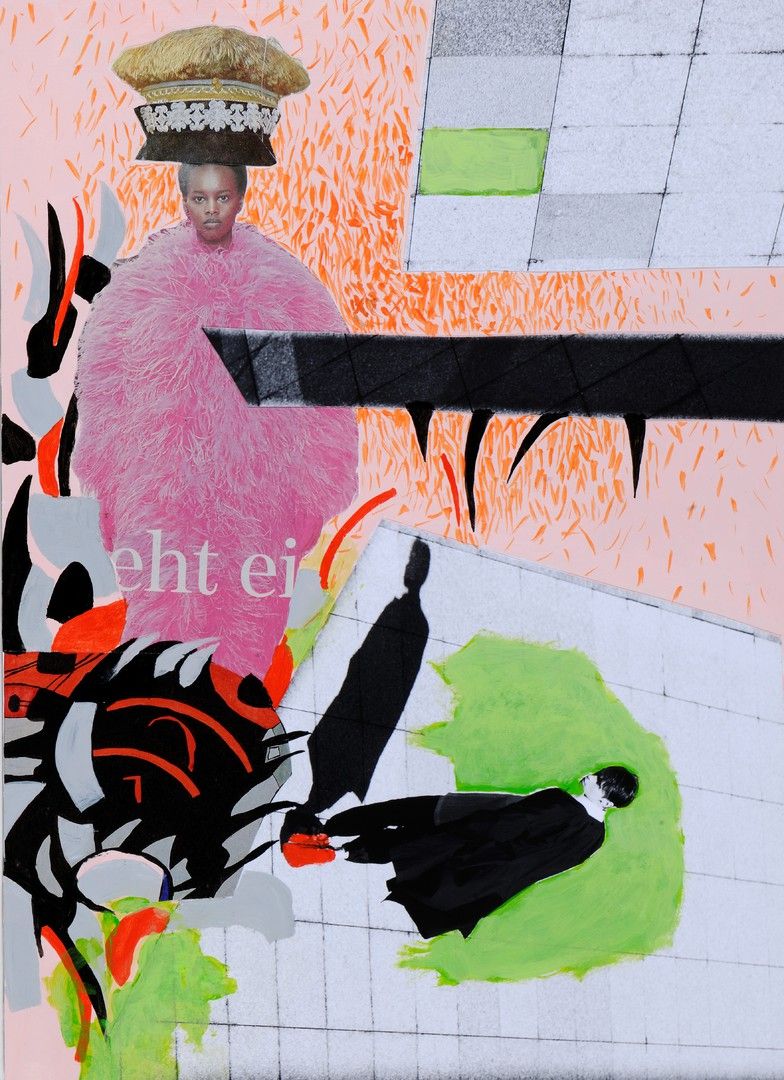  "Alles eine Frage der Inszenierung", Collage Zeichnung Acryl auf Pappe, 39 x 29 cm, 2023