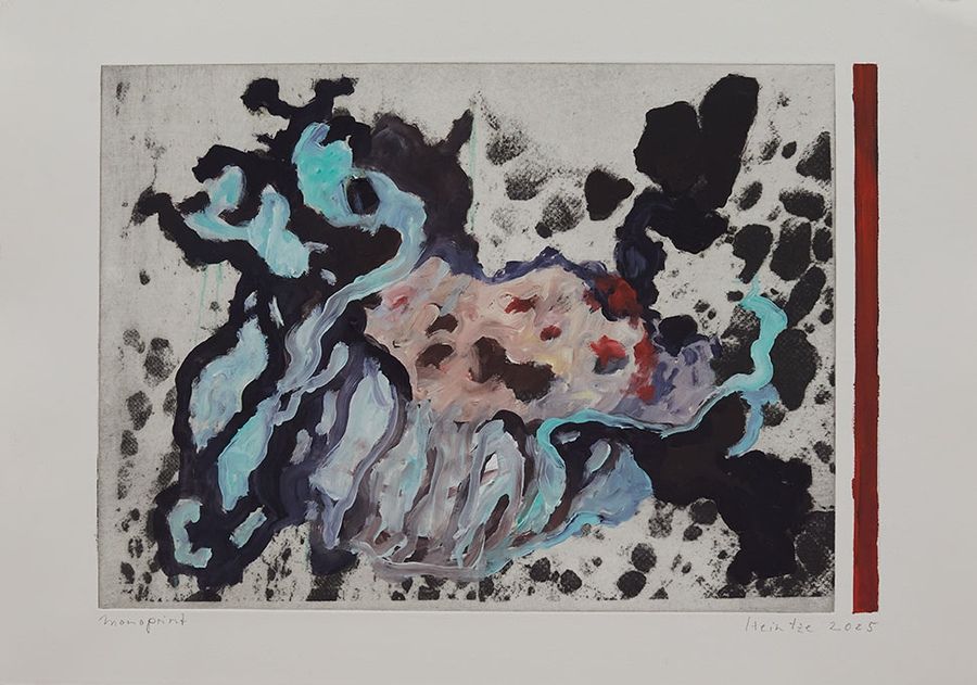 Brigitte Heintze, Spuren von Landschaft, Überzeichnete Radierung, 29 x 42 cm, 2025