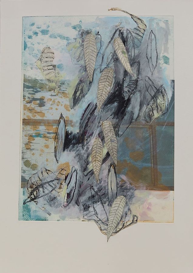 Brigitte Heintze, Spuren von Landschaft, Radierung, Chine collé, Collage, Überzeichnung, 42 x 29 cm, 2025